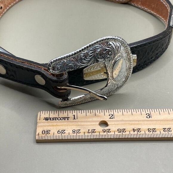 Black Leather Belt Engraved Silver Tone Conchos & Buckle‎ - 26